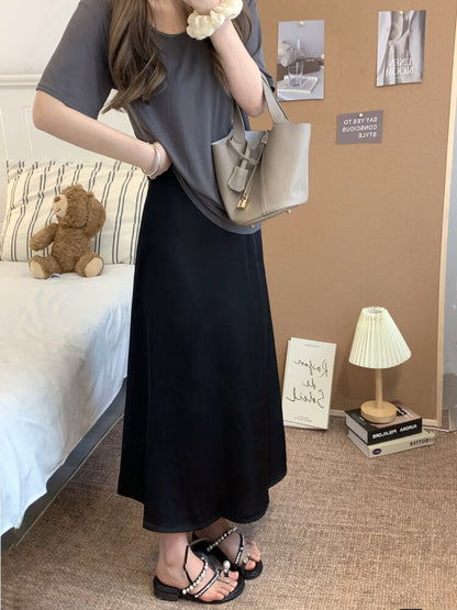 satin fishtail skirt set, acetate two-piece summer outfit, French elegant skirt and tee, high waist summer skirt, OOTDAY outfit