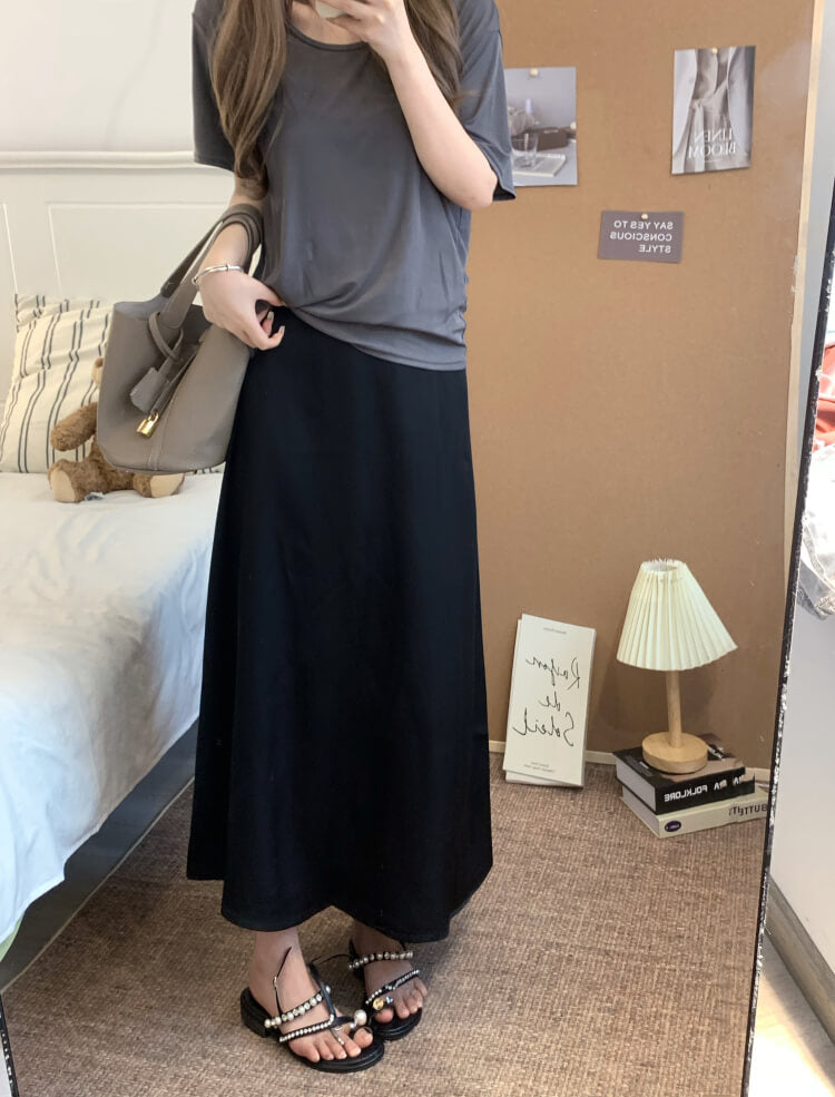 satin fishtail skirt set, acetate two-piece summer outfit, French elegant skirt and tee, high waist summer skirt, OOTDAY outfit