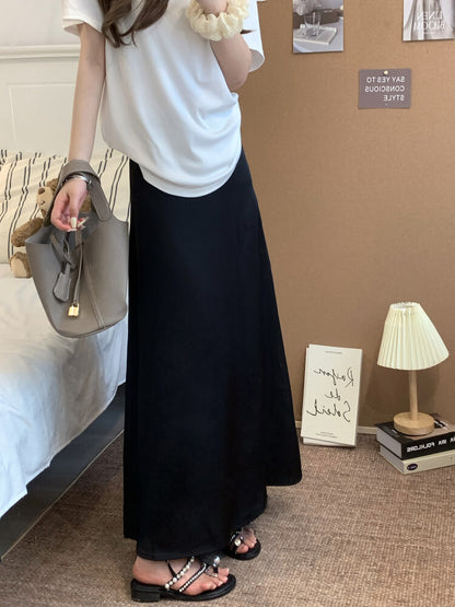 satin fishtail skirt set, acetate two-piece summer outfit, French elegant skirt and tee, high waist summer skirt, OOTDAY outfit