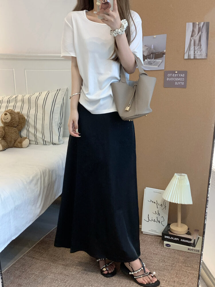 satin fishtail skirt set, acetate two-piece summer outfit, French elegant skirt and tee, high waist summer skirt, OOTDAY outfit