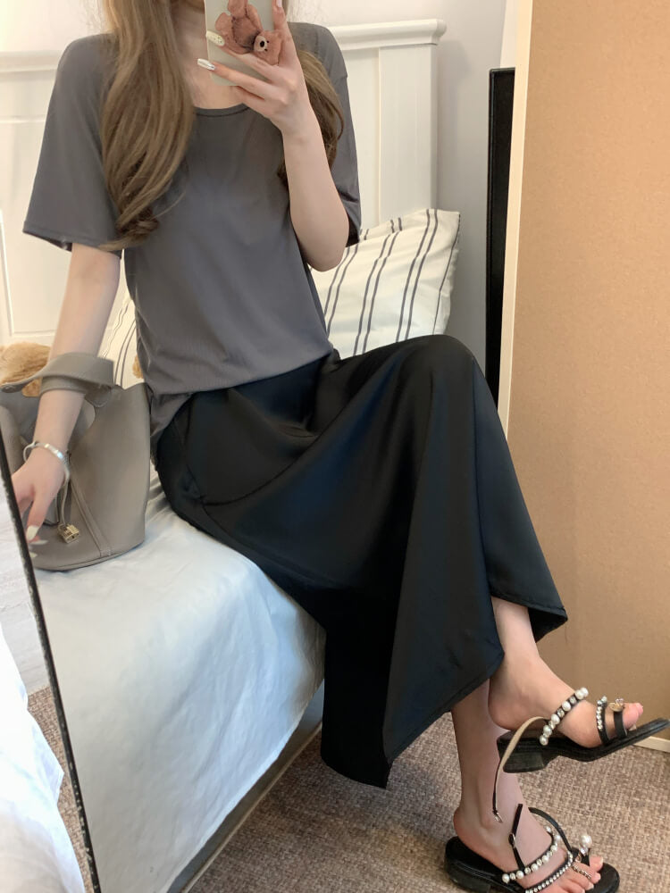 satin fishtail skirt set, acetate two-piece summer outfit, French elegant skirt and tee, high waist summer skirt, OOTDAY outfit