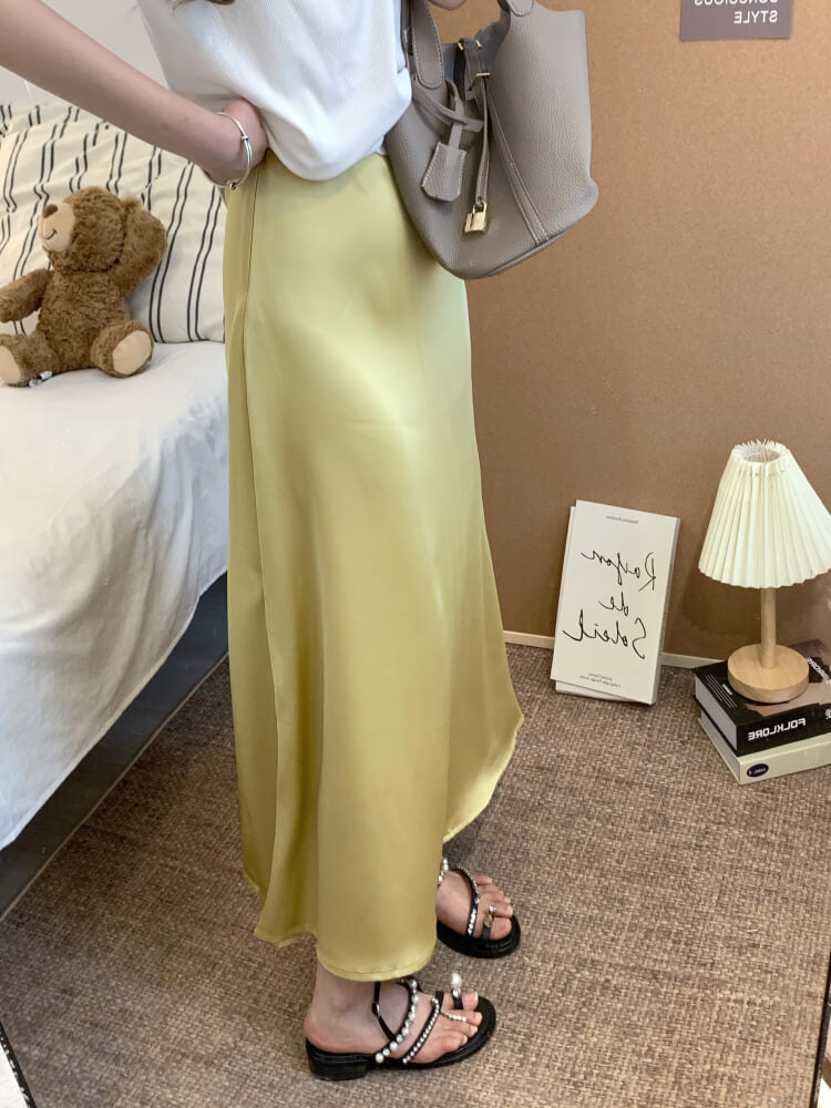 satin fishtail skirt set, acetate two-piece summer outfit, French elegant skirt and tee, high waist summer skirt, OOTDAY outfit