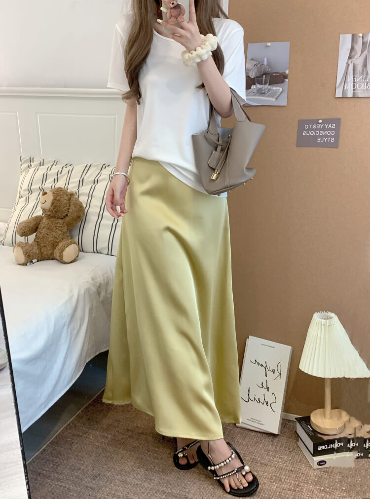 satin fishtail skirt set, acetate two-piece summer outfit, French elegant skirt and tee, high waist summer skirt, OOTDAY outfit