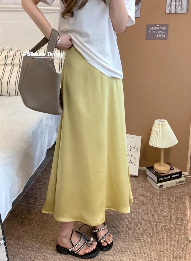 satin fishtail skirt set, acetate two-piece summer outfit, French elegant skirt and tee, high waist summer skirt, OOTDAY outfit