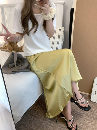 satin fishtail skirt set, acetate two-piece summer outfit, French elegant skirt and tee, high waist summer skirt, OOTDAY outfit