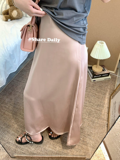 satin fishtail skirt set, acetate two-piece summer outfit, French elegant skirt and tee, high waist summer skirt, OOTDAY outfit