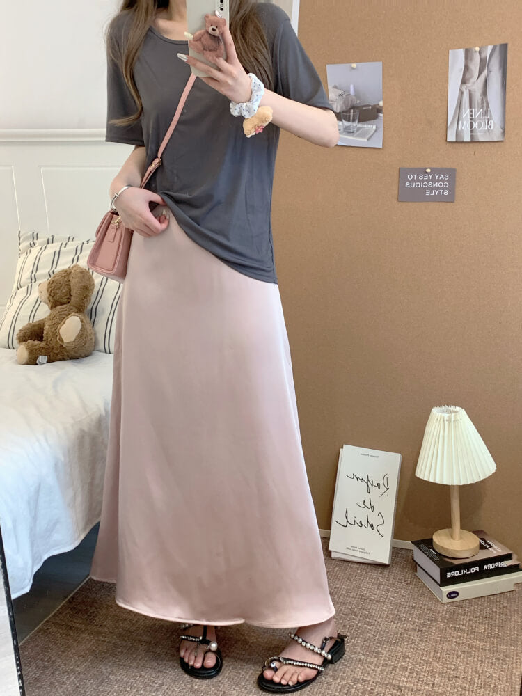 satin fishtail skirt set, acetate two-piece summer outfit, French elegant skirt and tee, high waist summer skirt, OOTDAY outfit