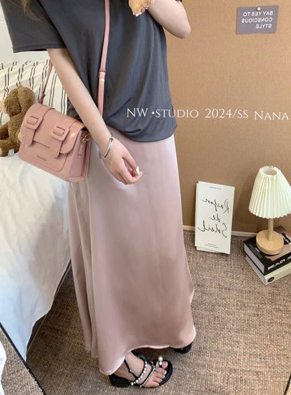 satin fishtail skirt set, acetate two-piece summer outfit, French elegant skirt and tee, high waist summer skirt, OOTDAY outfit