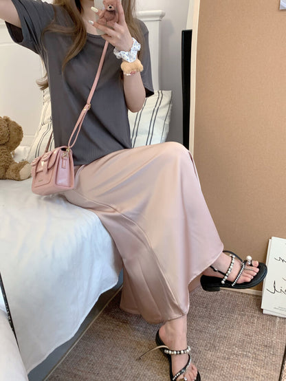 satin fishtail skirt set, acetate two-piece summer outfit, French elegant skirt and tee, high waist summer skirt, OOTDAY outfit