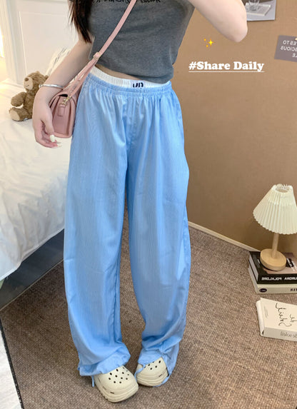 striped wide leg pants, faux two-piece pants, summer lounge trousers, preppy girl look, lazy chic outfit, OOTDAY pants