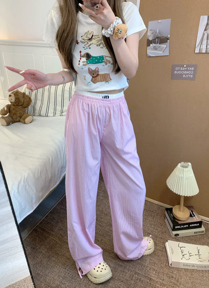 striped wide leg pants, faux two-piece pants, summer lounge trousers, preppy girl look, lazy chic outfit, OOTDAY pants