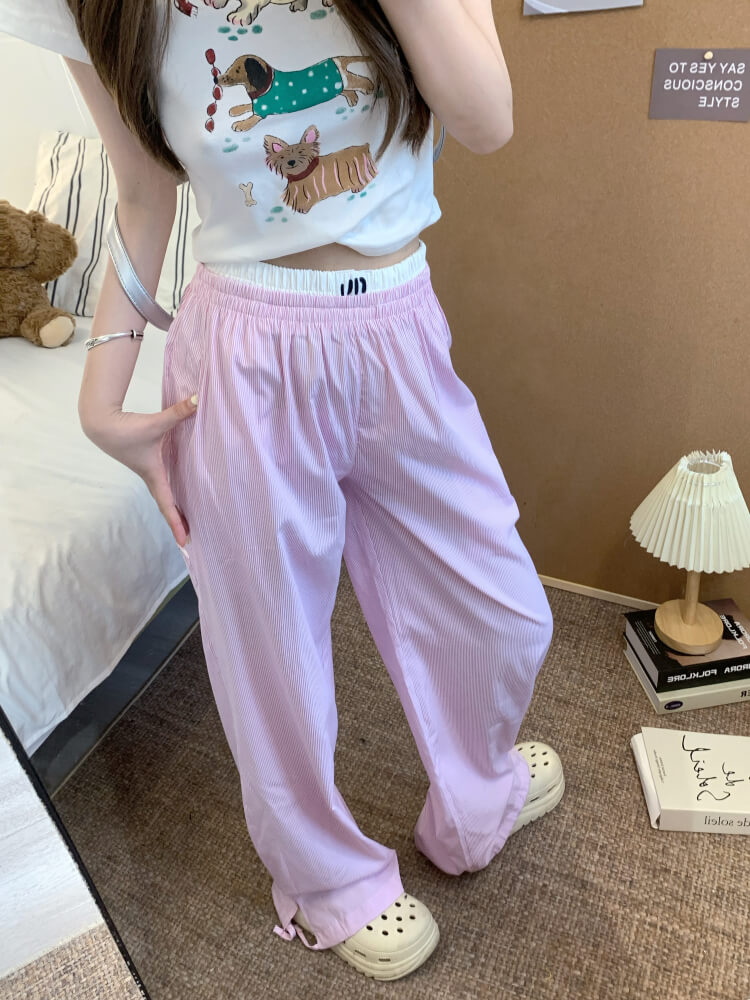 striped wide leg pants, faux two-piece pants, summer lounge trousers, preppy girl look, lazy chic outfit, OOTDAY pants