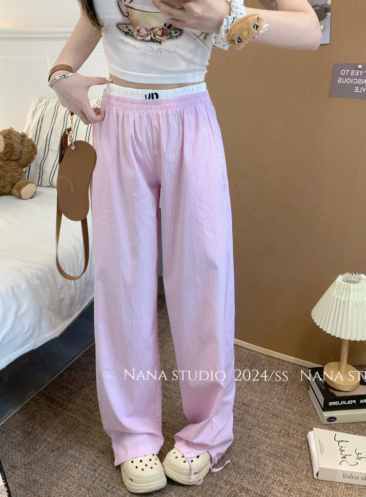 striped wide leg pants, faux two-piece pants, summer lounge trousers, preppy girl look, lazy chic outfit, OOTDAY pants