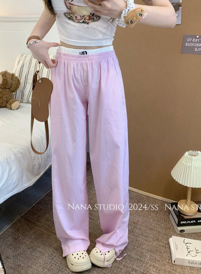 striped wide leg pants, faux two-piece pants, summer lounge trousers, preppy girl look, lazy chic outfit, OOTDAY pants