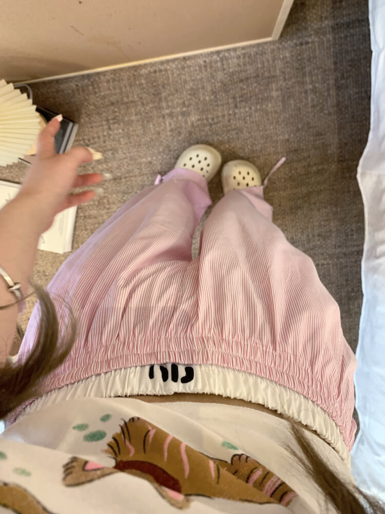 striped wide leg pants, faux two-piece pants, summer lounge trousers, preppy girl look, lazy chic outfit, OOTDAY pants
