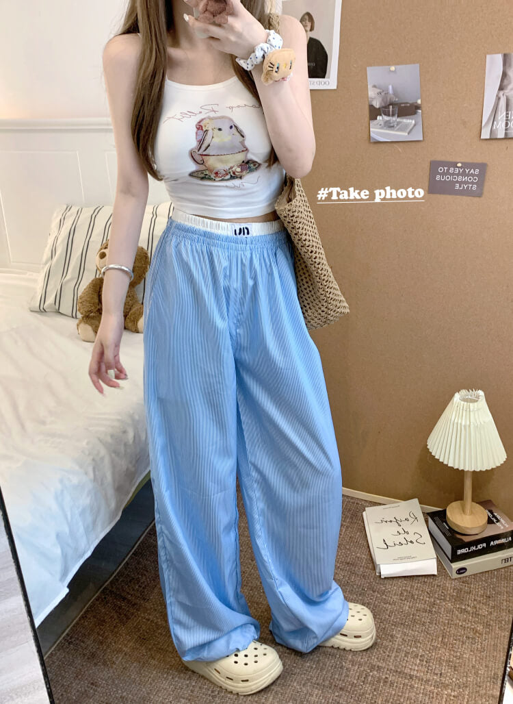 striped wide leg pants, faux two-piece pants, summer lounge trousers, preppy girl look, lazy chic outfit, OOTDAY pants