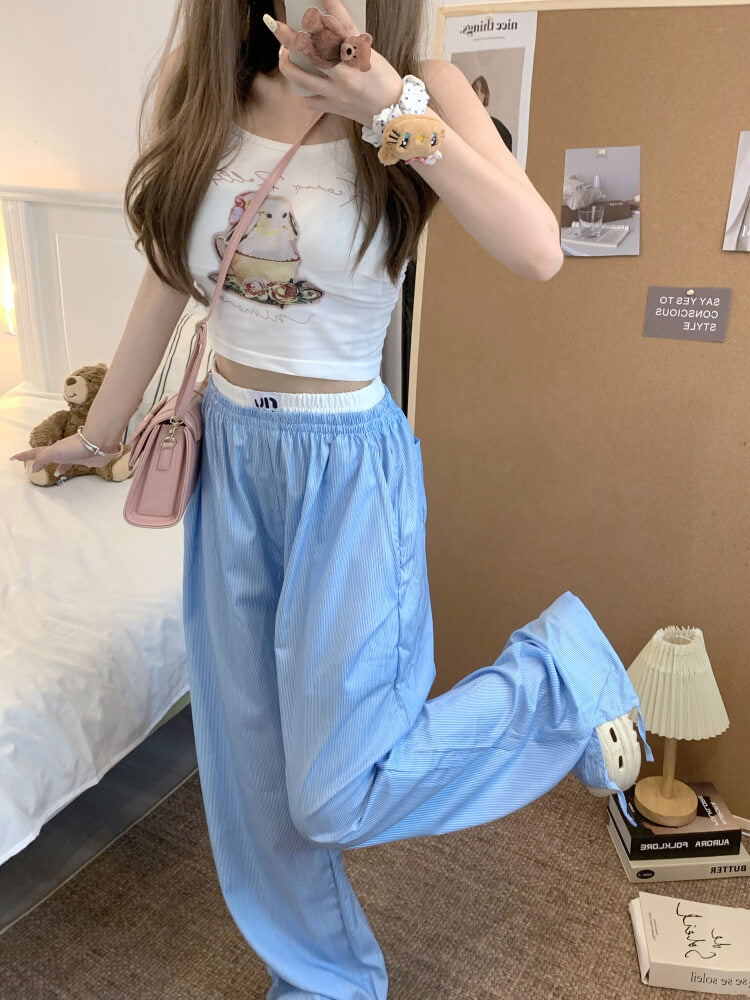 striped wide leg pants, faux two-piece pants, summer lounge trousers, preppy girl look, lazy chic outfit, OOTDAY pants