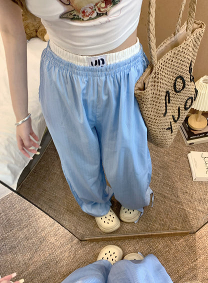 striped wide leg pants, faux two-piece pants, summer lounge trousers, preppy girl look, lazy chic outfit, OOTDAY pants