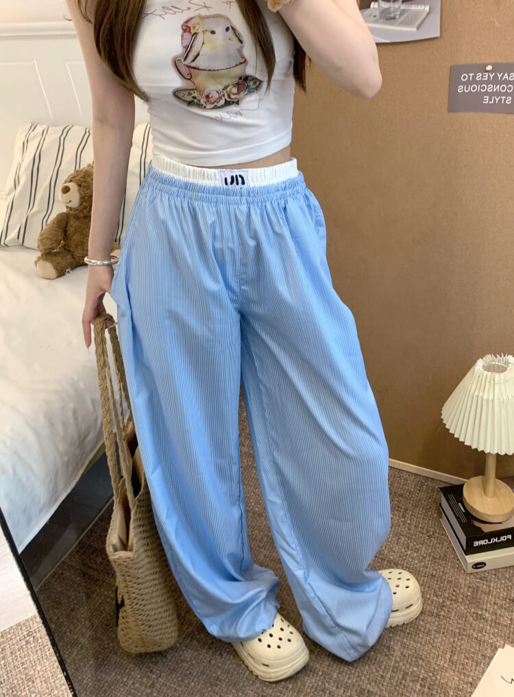 striped wide leg pants, faux two-piece pants, summer lounge trousers, preppy girl look, lazy chic outfit, OOTDAY pants