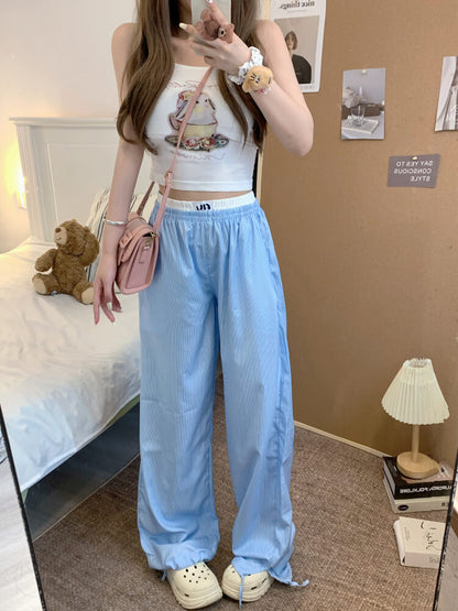 striped wide leg pants, faux two-piece pants, summer lounge trousers, preppy girl look, lazy chic outfit, OOTDAY pants
