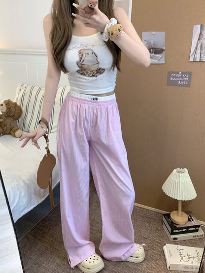 striped wide leg pants, faux two-piece pants, summer lounge trousers, preppy girl look, lazy chic outfit, OOTDAY pants