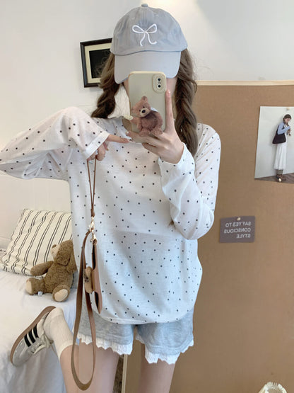 polka dot sun shirt, sheer long sleeve tencel tee, lightweight summer top, loose fit UV shirt, OOTDAY summer T-shirt
