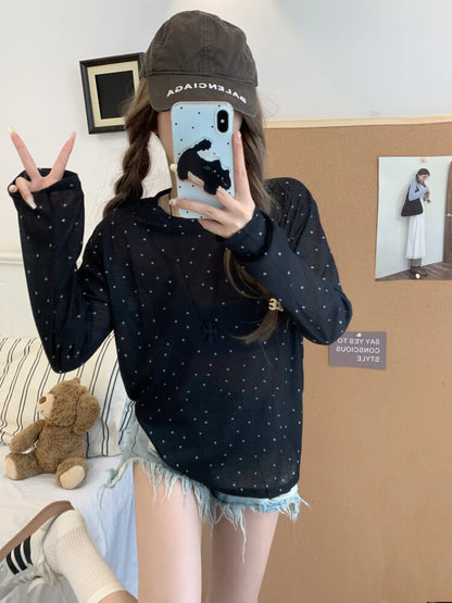 polka dot sun shirt, sheer long sleeve tencel tee, lightweight summer top, loose fit UV shirt, OOTDAY summer T-shirt