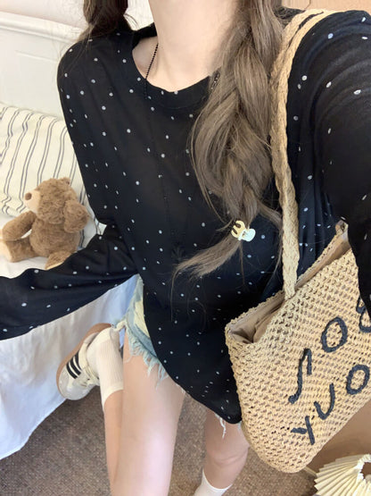 polka dot sun shirt, sheer long sleeve tencel tee, lightweight summer top, loose fit UV shirt, OOTDAY summer T-shirt