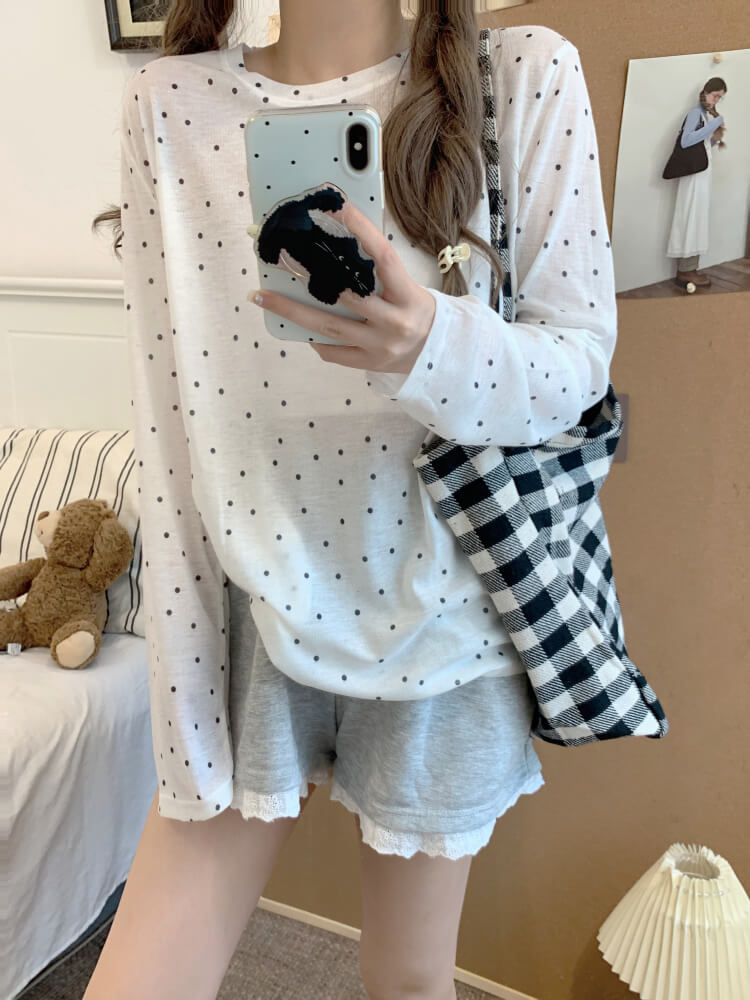 polka dot sun shirt, sheer long sleeve tencel tee, lightweight summer top, loose fit UV shirt, OOTDAY summer T-shirt