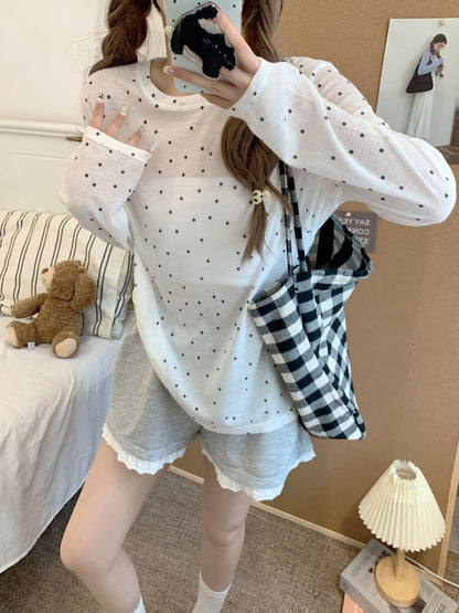 polka dot sun shirt, sheer long sleeve tencel tee, lightweight summer top, loose fit UV shirt, OOTDAY summer T-shirt