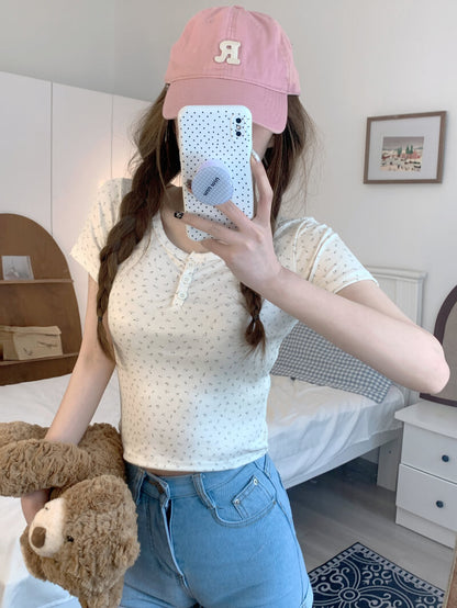 floral u-neck crop top, slim summer tee, tank and short sleeve top, cute summer shirt for girls, OOTDAY crop tee