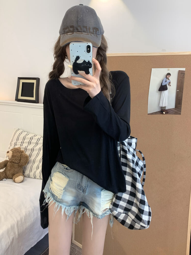 Tencel knit tee, summer layering shirt, lightweight loose tee, OOTDAY crewneck top, sweet Korean fashion