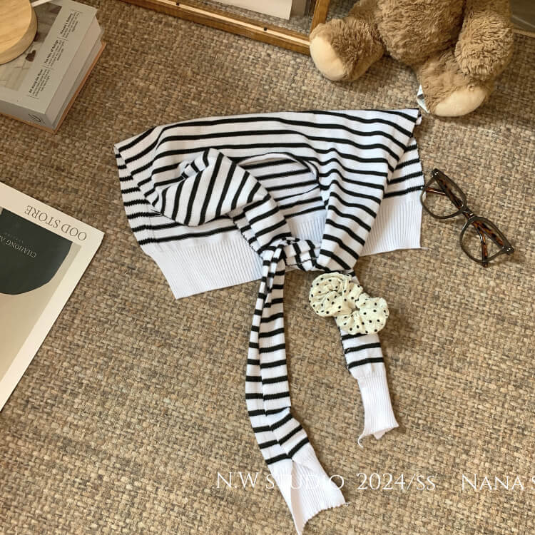 Striped knit capelet, V-neck long sleeve tee, summer layered T-shirt set, OOTDAY sweet style