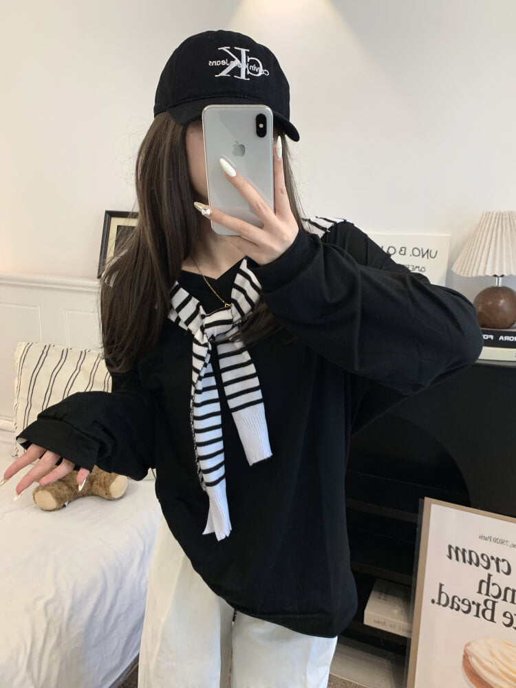Striped knit capelet, V-neck long sleeve tee, summer layered T-shirt set, OOTDAY sweet style