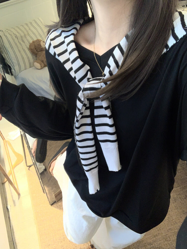 Striped knit capelet, V-neck long sleeve tee, summer layered T-shirt set, OOTDAY sweet style