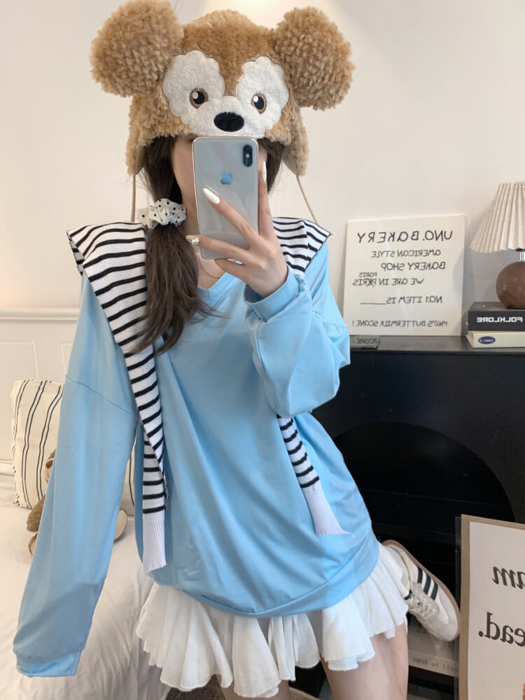 Striped knit capelet, V-neck long sleeve tee, summer layered T-shirt set, OOTDAY sweet style