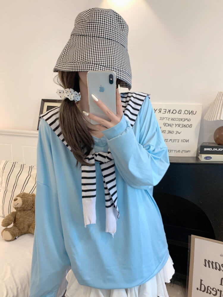 Striped knit capelet, V-neck long sleeve tee, summer layered T-shirt set, OOTDAY sweet style