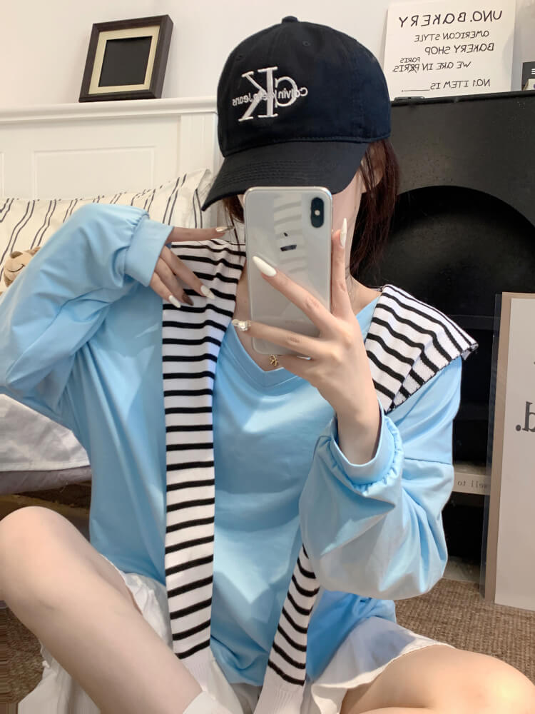 Striped knit capelet, V-neck long sleeve tee, summer layered T-shirt set, OOTDAY sweet style