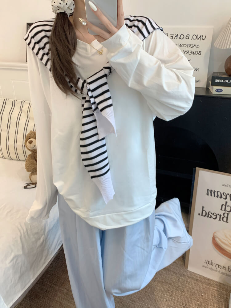 Striped knit capelet, V-neck long sleeve tee, summer layered T-shirt set, OOTDAY sweet style