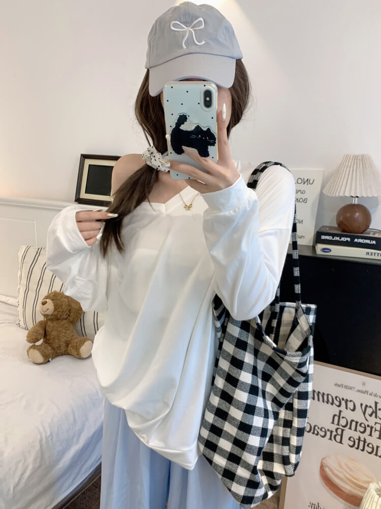 Striped knit capelet, V-neck long sleeve tee, summer layered T-shirt set, OOTDAY sweet style