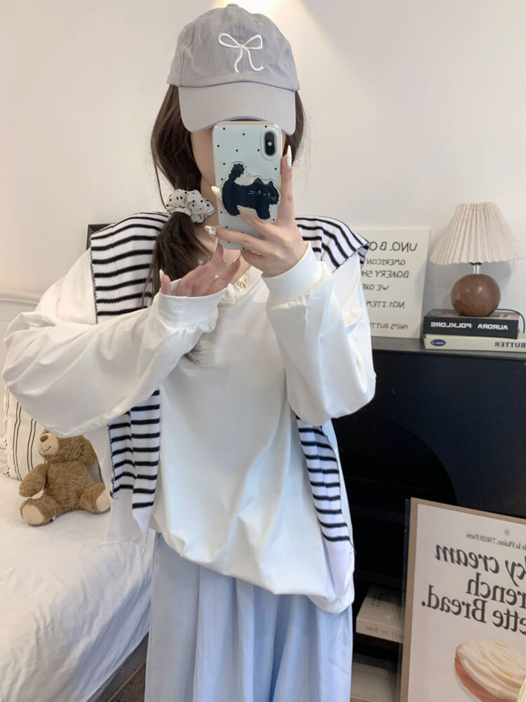 Striped knit capelet, V-neck long sleeve tee, summer layered T-shirt set, OOTDAY sweet style