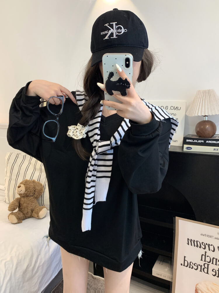 Striped knit capelet, V-neck long sleeve tee, summer layered T-shirt set, OOTDAY sweet style