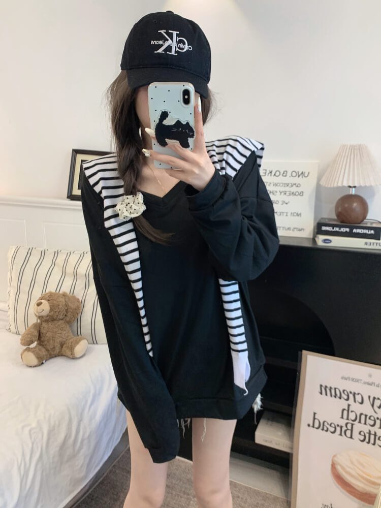 Striped knit capelet, V-neck long sleeve tee, summer layered T-shirt set, OOTDAY sweet style