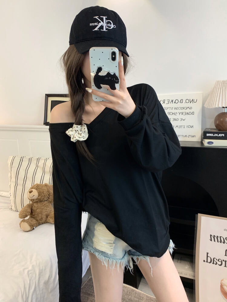 Striped knit capelet, V-neck long sleeve tee, summer layered T-shirt set, OOTDAY sweet style