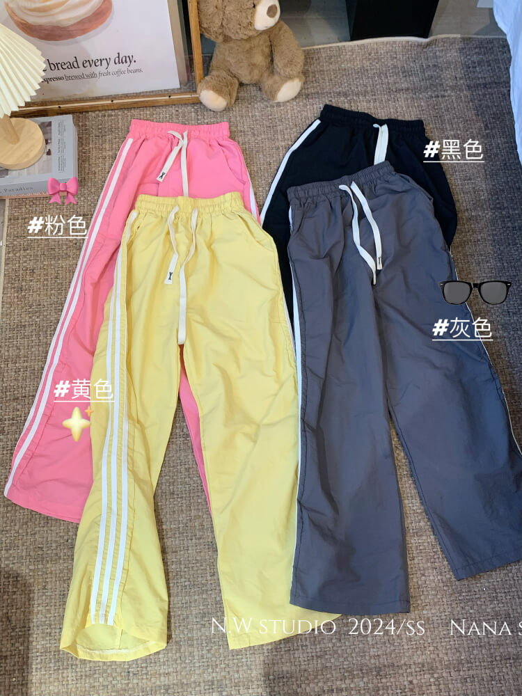 ice silk sun-proof pants for women, dopamine wide-leg pants, sporty summer trousers, high-waist triple stripe pants, OOTDAY summer fashion
