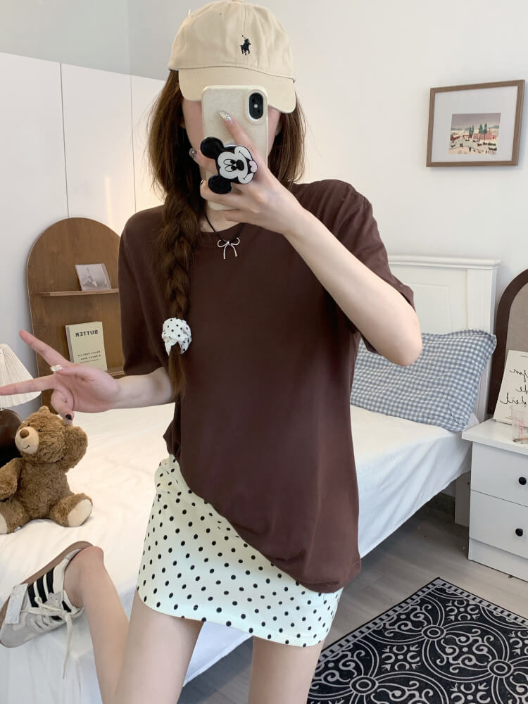 summer cotton t-shirt for girls, loose fit solid color tee, casual sweet triacetate top OOTDAY