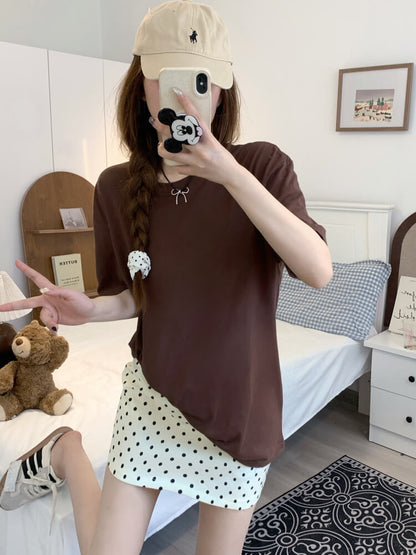 summer cotton t-shirt for girls, loose fit solid color tee, casual sweet triacetate top OOTDAY