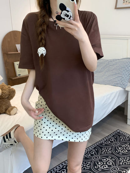 summer cotton t-shirt for girls, loose fit solid color tee, casual sweet triacetate top OOTDAY