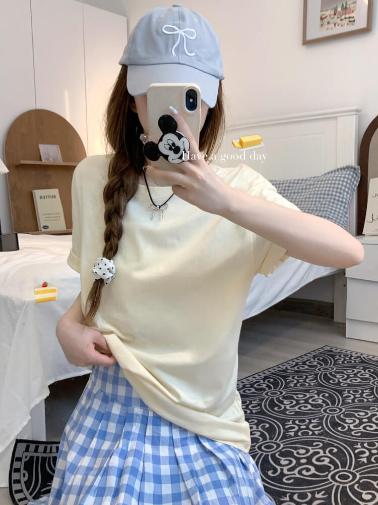 summer cotton t-shirt for girls, loose fit solid color tee, casual sweet triacetate top OOTDAY