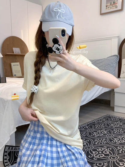 summer cotton t-shirt for girls, loose fit solid color tee, casual sweet triacetate top OOTDAY